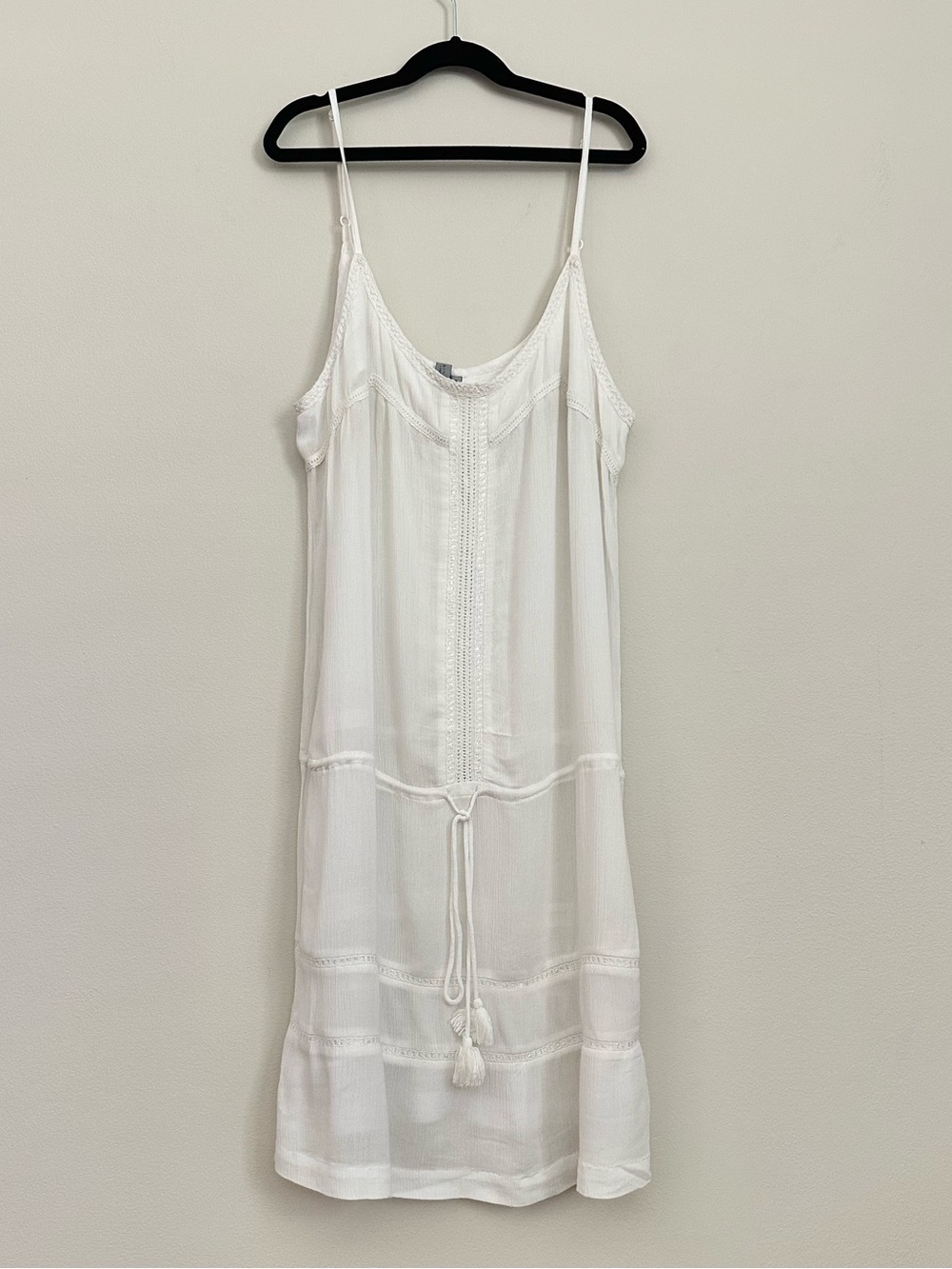 Anthropologie White Boho Mini Dress Tassel Tie Flowy Size Medium Cottagecore